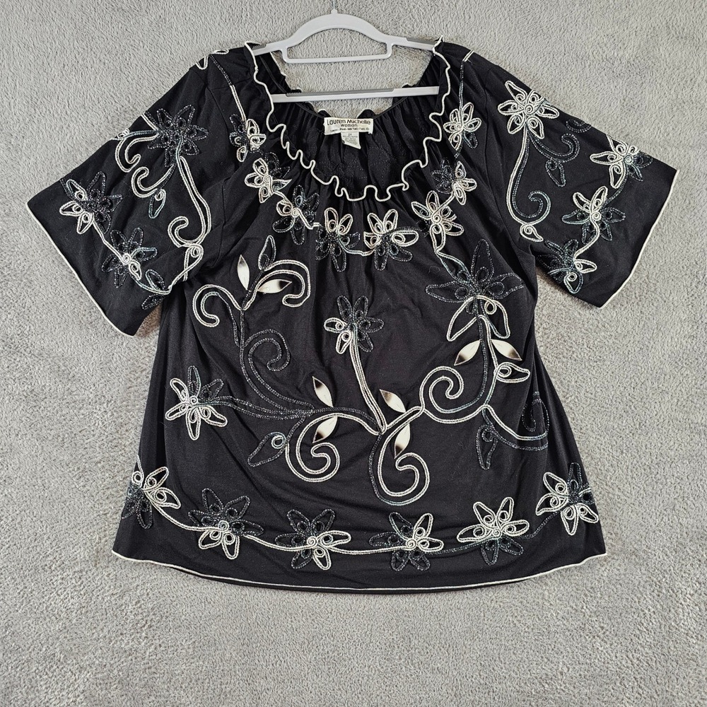 Lauren Michelle Woman 2X Black Embroidered Floral Metallic Knit Blouse Top VTG
